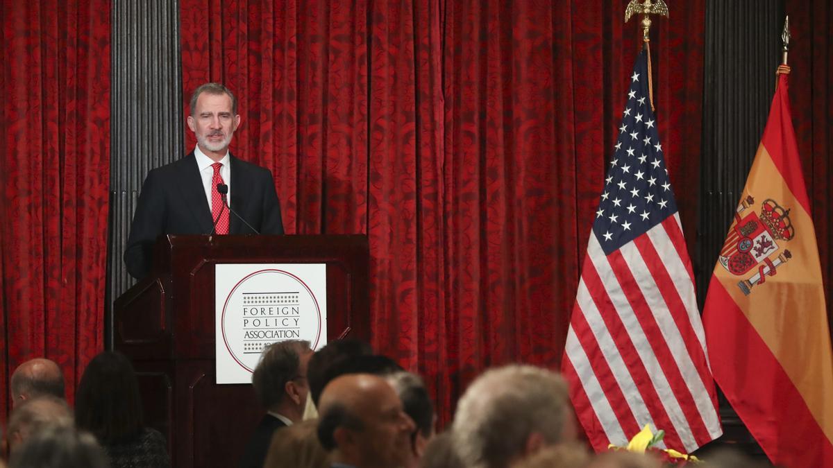 El rey Felipe VI, durante el acto en el que recibió la Medalla de la Foreign Policy Association, en Nueva York.