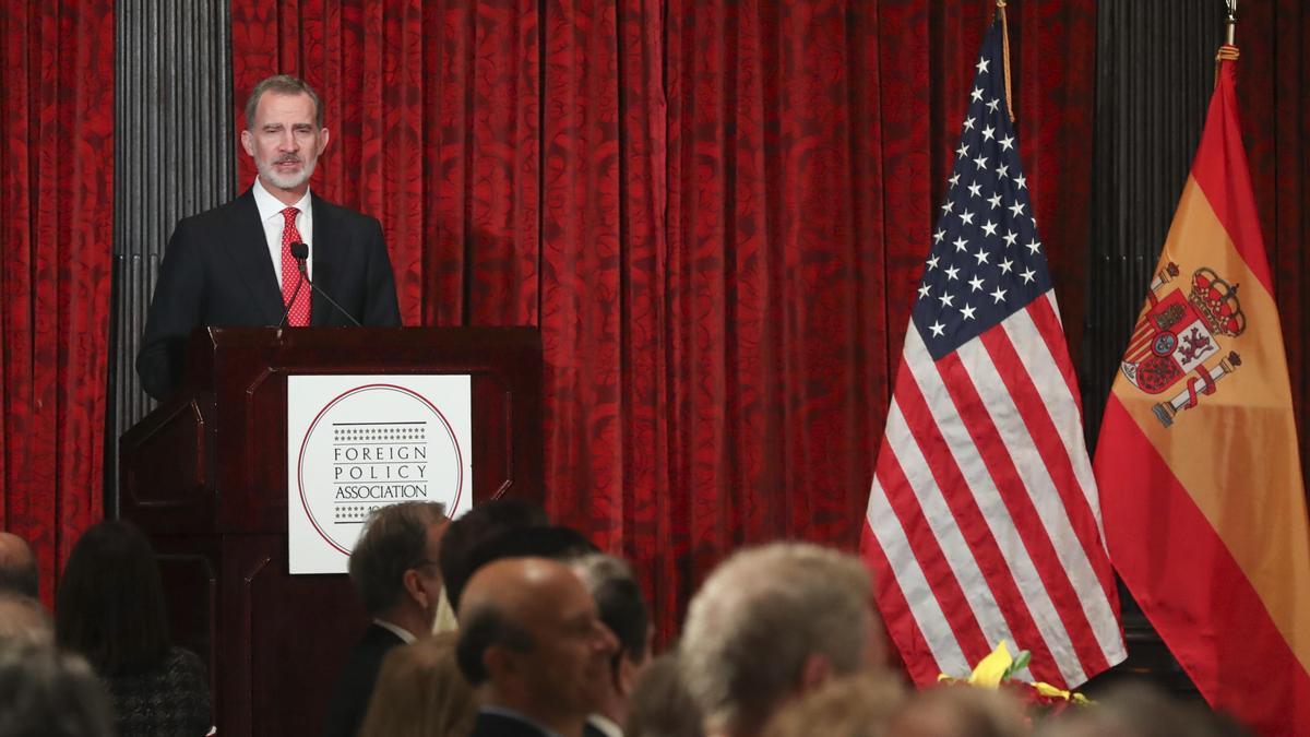 El rey Felipe VI, durante el acto en el que recibió la Medalla de la Foreign Policy Association, en Nueva York.