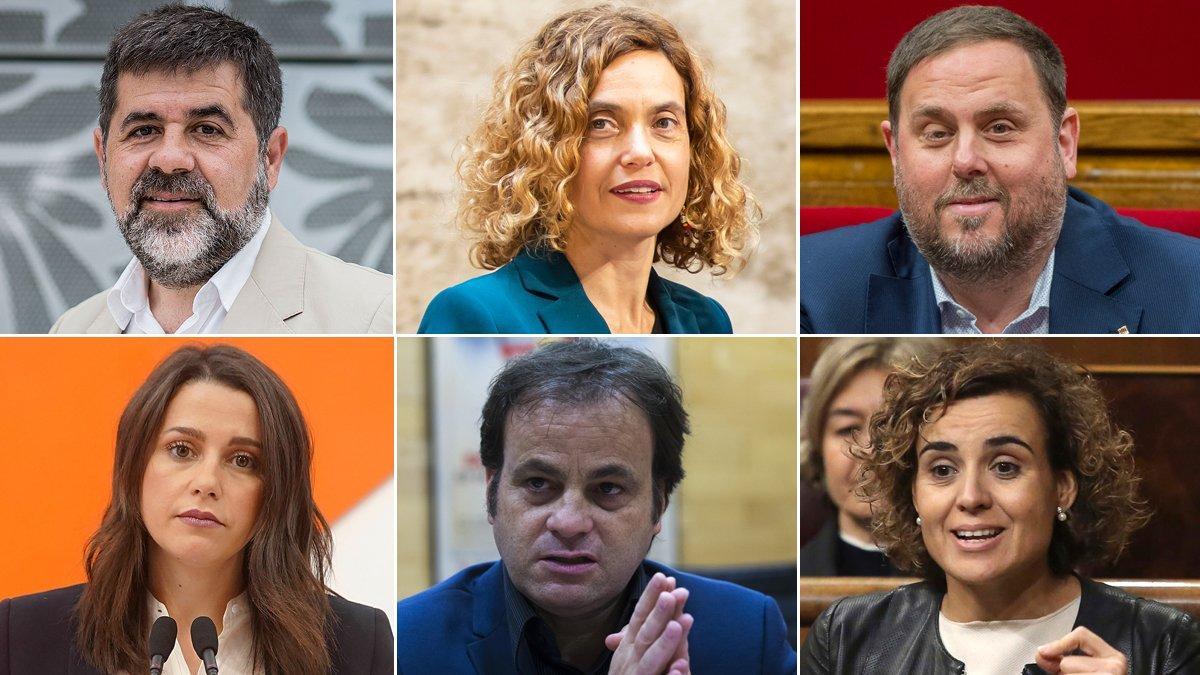 Combo Jordi Sánchez, Meritxell Batet, Oriol Junqueras, Inés Arrimadas, Jaume Asens y Dolors Montserrat