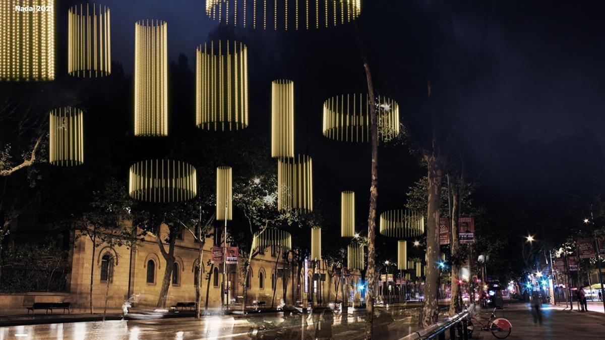 Imagen virtual de las luces de la Gran Via, la próxima Navidad, según el proyecto del Estudi Antoni Arola.