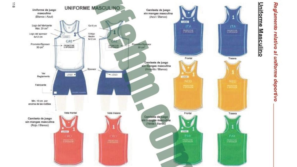 Las normas para el uniforme masculino de balonmano playa.