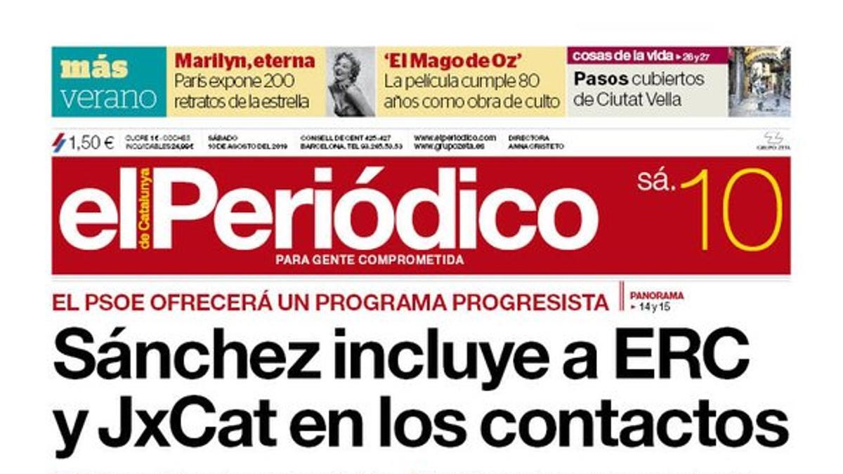 Portada de EL PERIÓDICO del 10 de agosto del 2019.