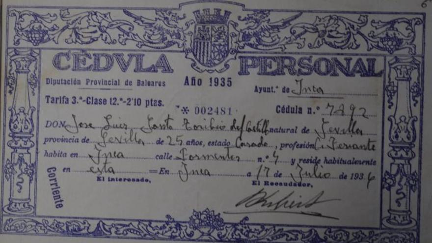 Cédula personal de José Luis Santo Toribio en 1936.  | CAIB