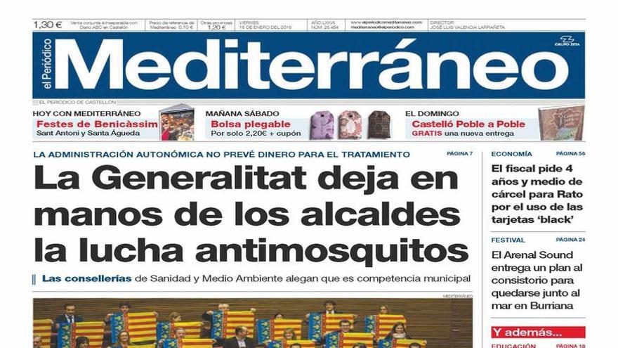 La Generalitat deja en manos de los alcaldes la lucha antimosquitos, en la portada de Mediterráneo