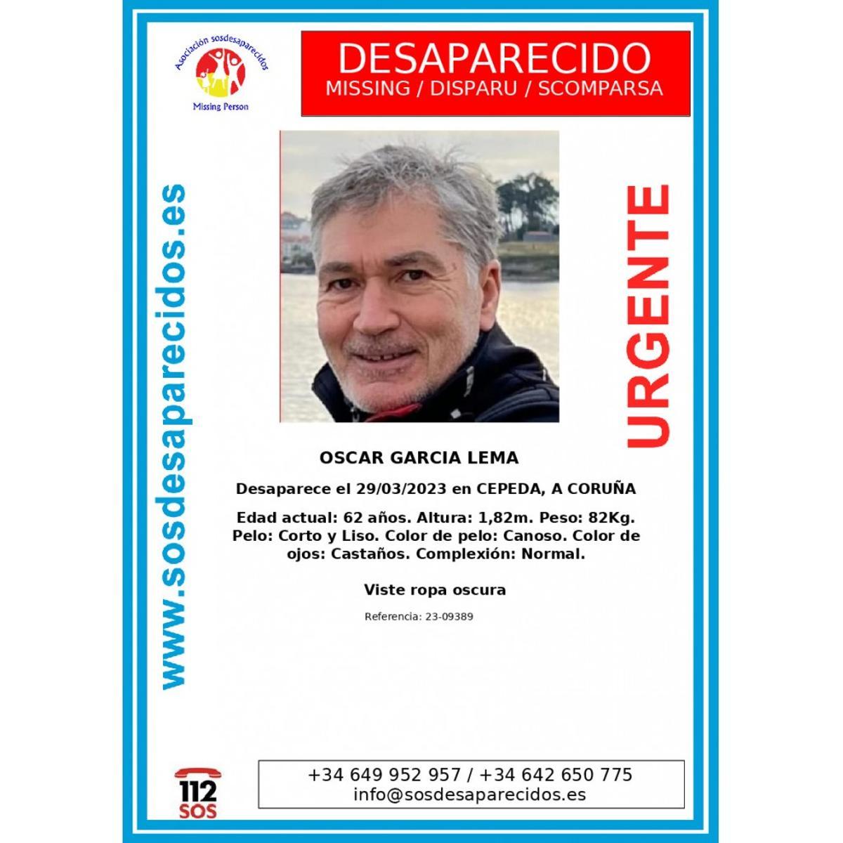 Cartel con la información sobre Óscar García Lema, desaparecido el pasado 29 de marzo en Teo