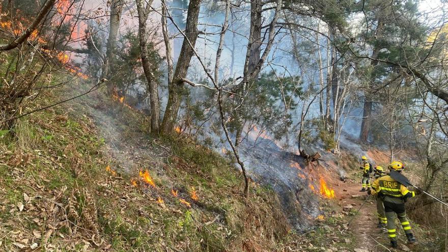 La brigada de refuerzo de Ruente apagando el incendio de Cangas de Onís. | ATBRIF