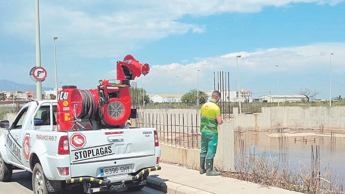 Un técnico realizando labores de limpieza en balsas de Moncofa para evitar la proliferación del mosquito tigre.