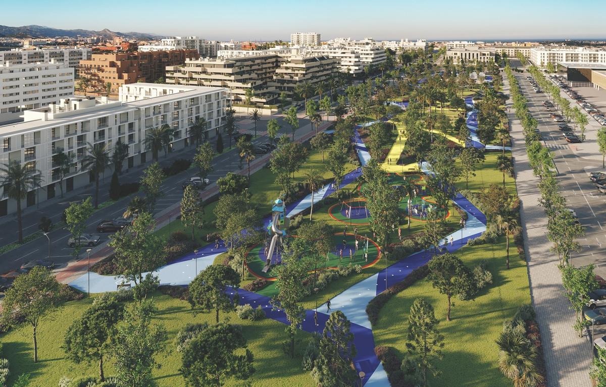 Una recreación de la promoción Creative Homes Bulevar de Neinor en la zona de Cortijo Merino, con el gran parque central.