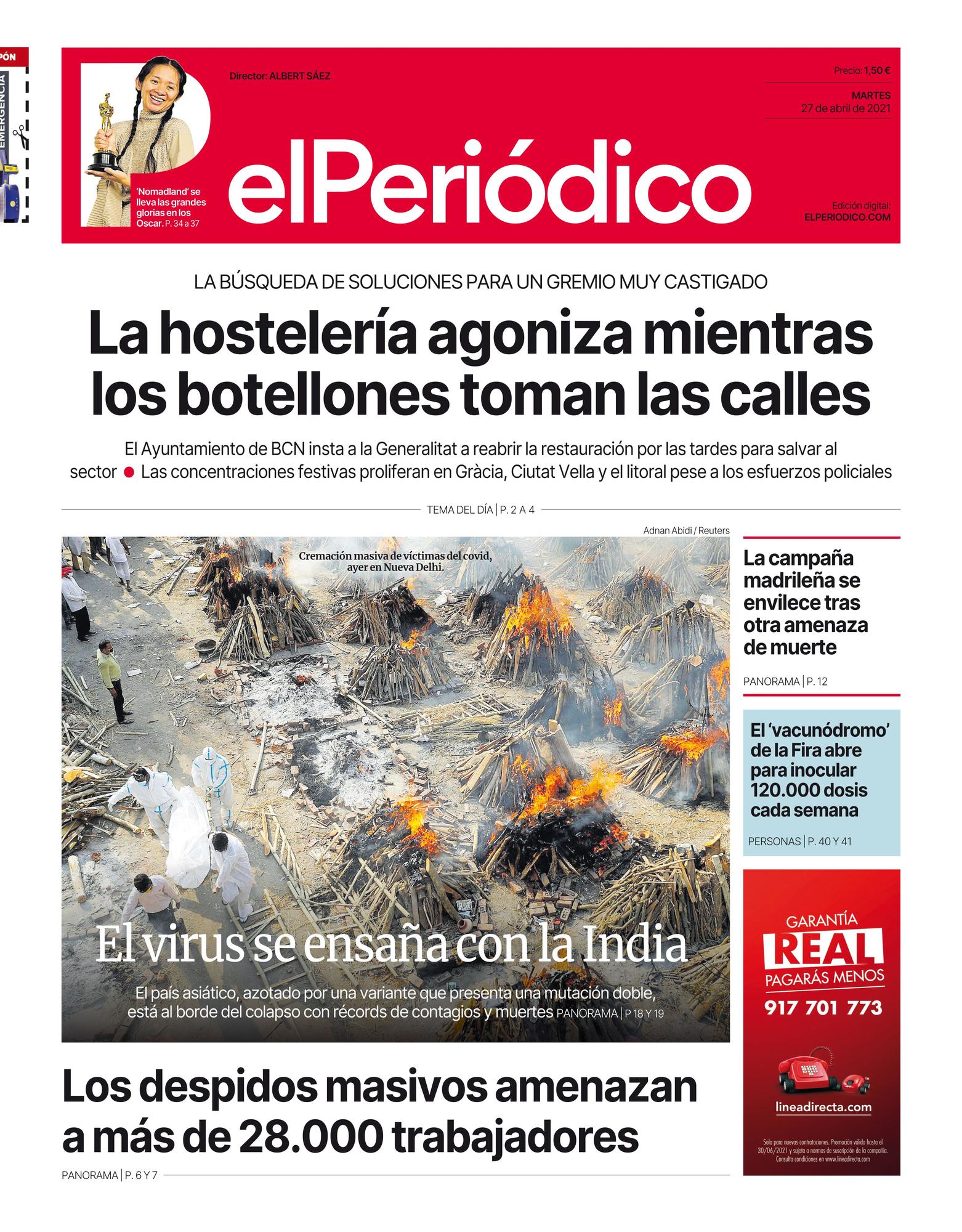 La portada de EL PERIÓDICO del 27 de abril de 2021