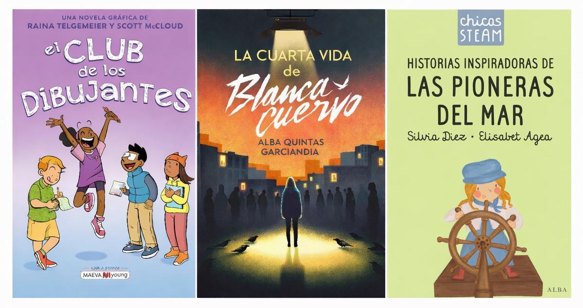 Portadas de 'El club de los dibujantes', 'La cuarta vida de Blanca Cuervo' y 'Las pioneras del mar'.