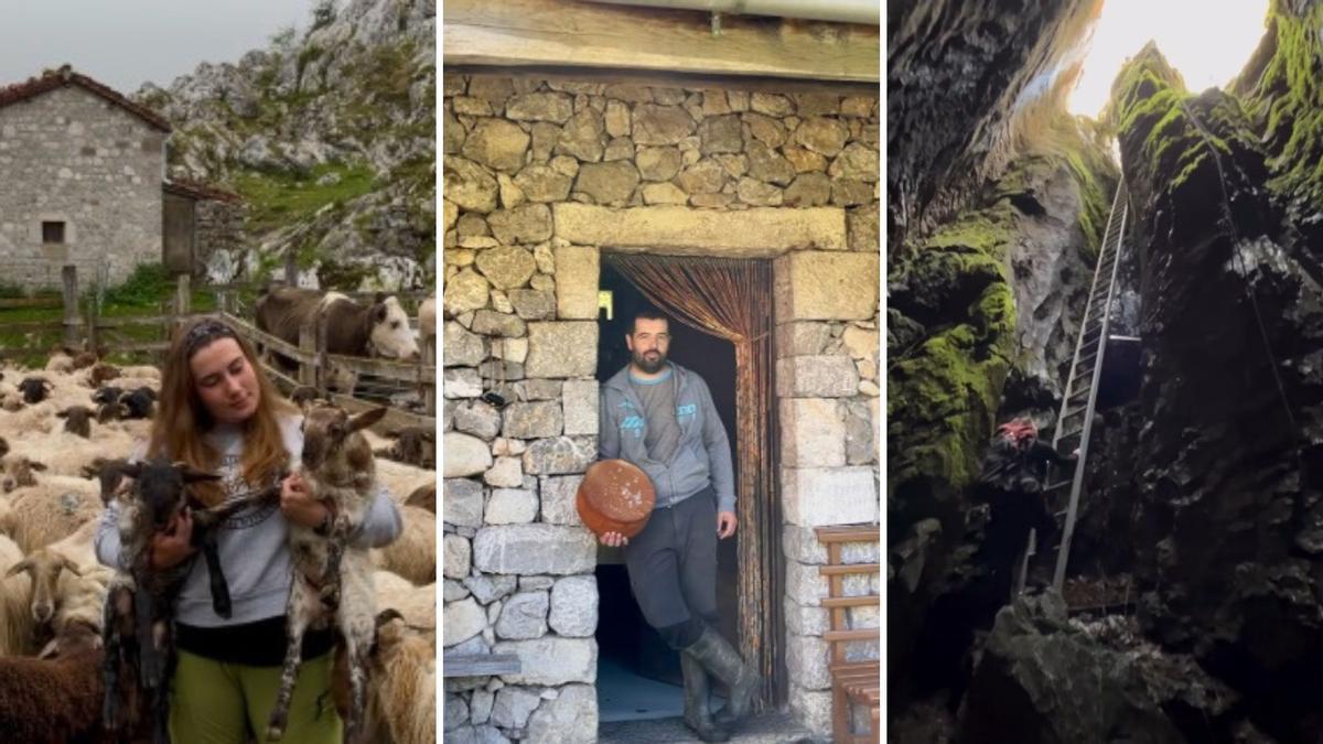 Sara y Rubén, con sus animales y en la cabaña, y a la derecha, la cueva del Gamonéu.