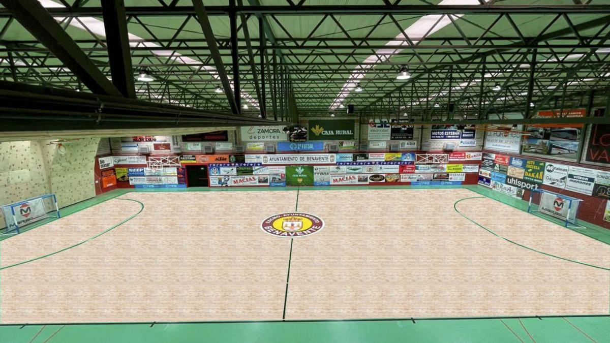 Simulación de la nueva pista de juego de fútbol sala de madera maciza en el Pabellón La Rosaleda.