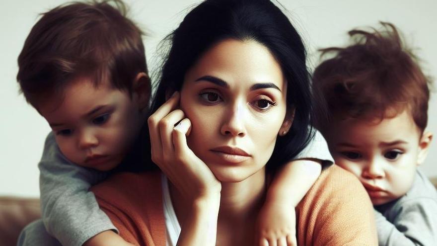 Una madre, abrumada, con sus dos hijos pequeños