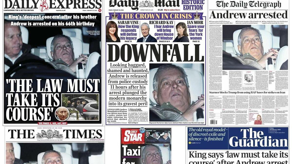 Portadas de varios diarios británicos con la noticia de la detención del expríncipe Andrés