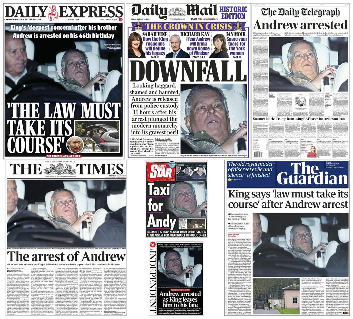 Portadas de varios diarios británicos con la noticia de la detención del expríncipe Andrés