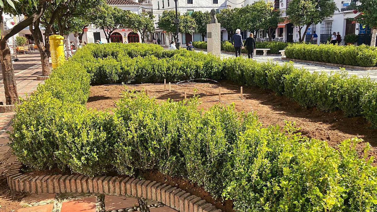 Una de las jardineras de la plaza de Los Naranjos, en el centro urbano de Marbella