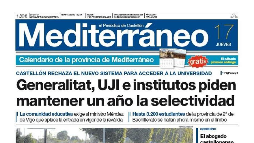 Generalitat, UJI e institutos piden mantener un año la selectividad, en la portada de Mediterráneo