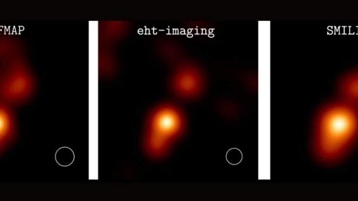 Imágenes de las observaciones realizadas del cuásar NRAO 530 con el Event Horizon Telescope (EHT), trabajadas con diferentes aplicaciones de procesamiento de datos.