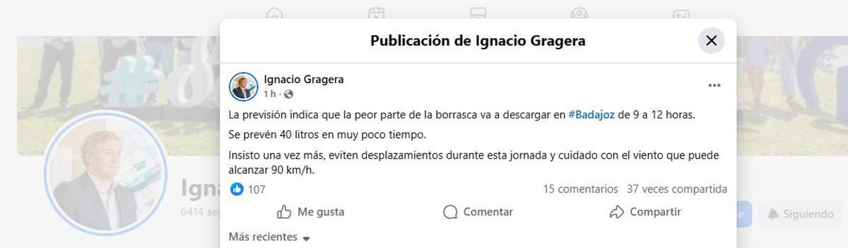 El último mensaje del alcalde de Badajoz en Facebook.