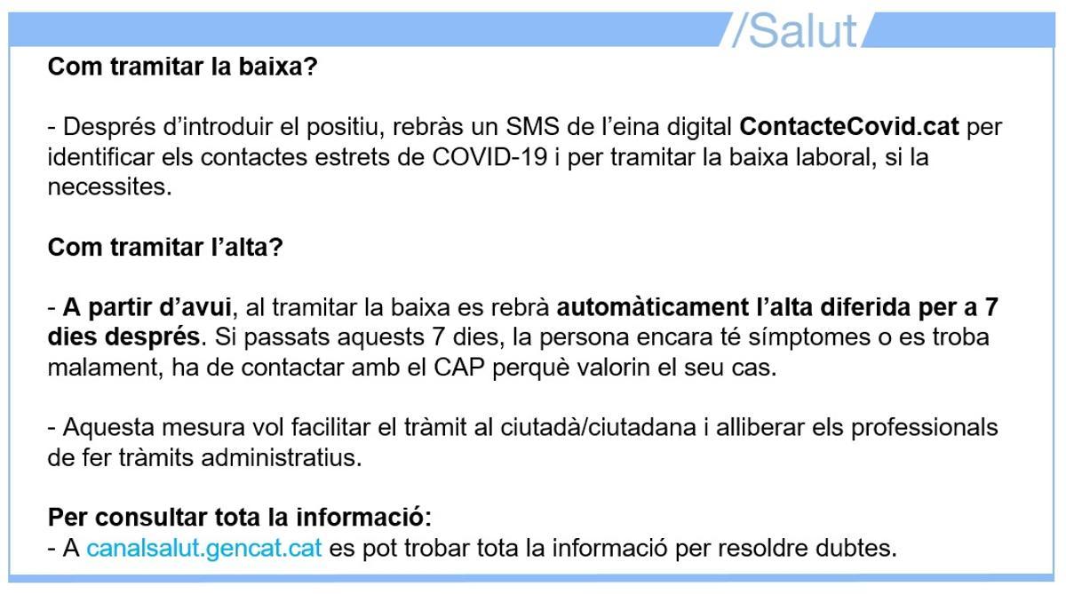 Según el nuevo protocolo del Departament de Salut, las bajas y altas laborales covid se han automatizado.