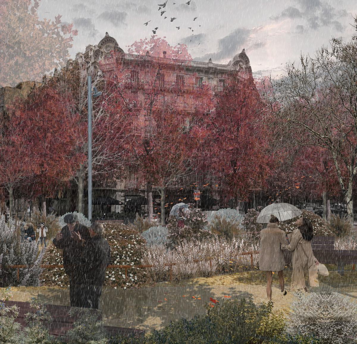 La plaza, tal y como la imagina el laboratorio de arquitectura LandLab, cuando sea otoño, con sus arce de hojas encarnadas.