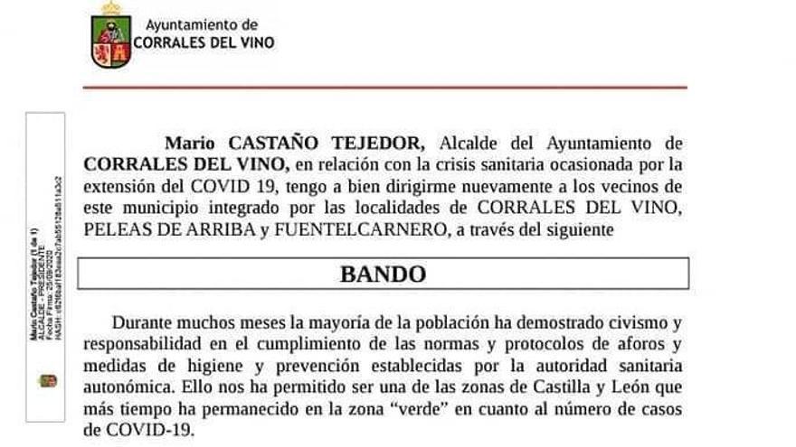 Bando de Corrales del Vino sobre el COVID