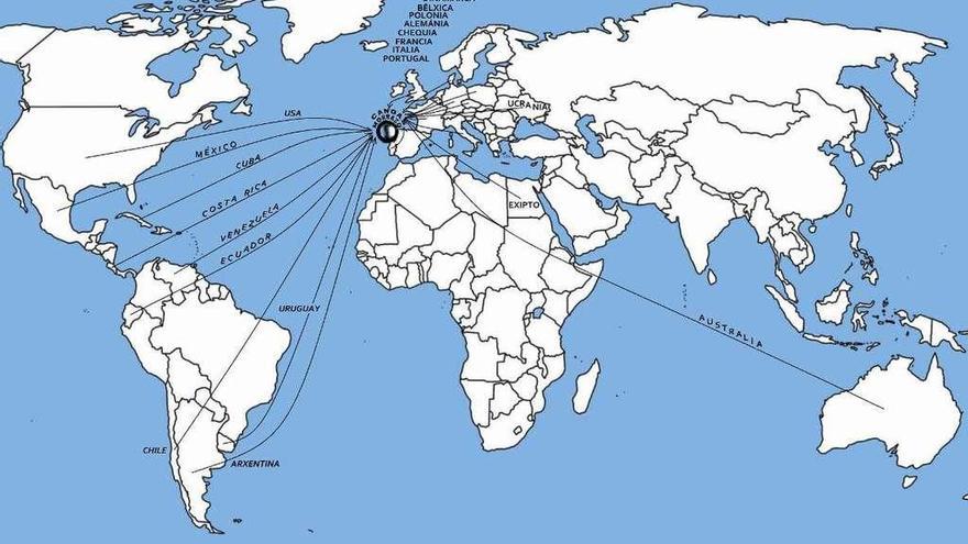 Un mapamundi no que se representa os países que estiveron presentes na Mostra de Teatro de Cangas. // Deseño de Paco Pernas