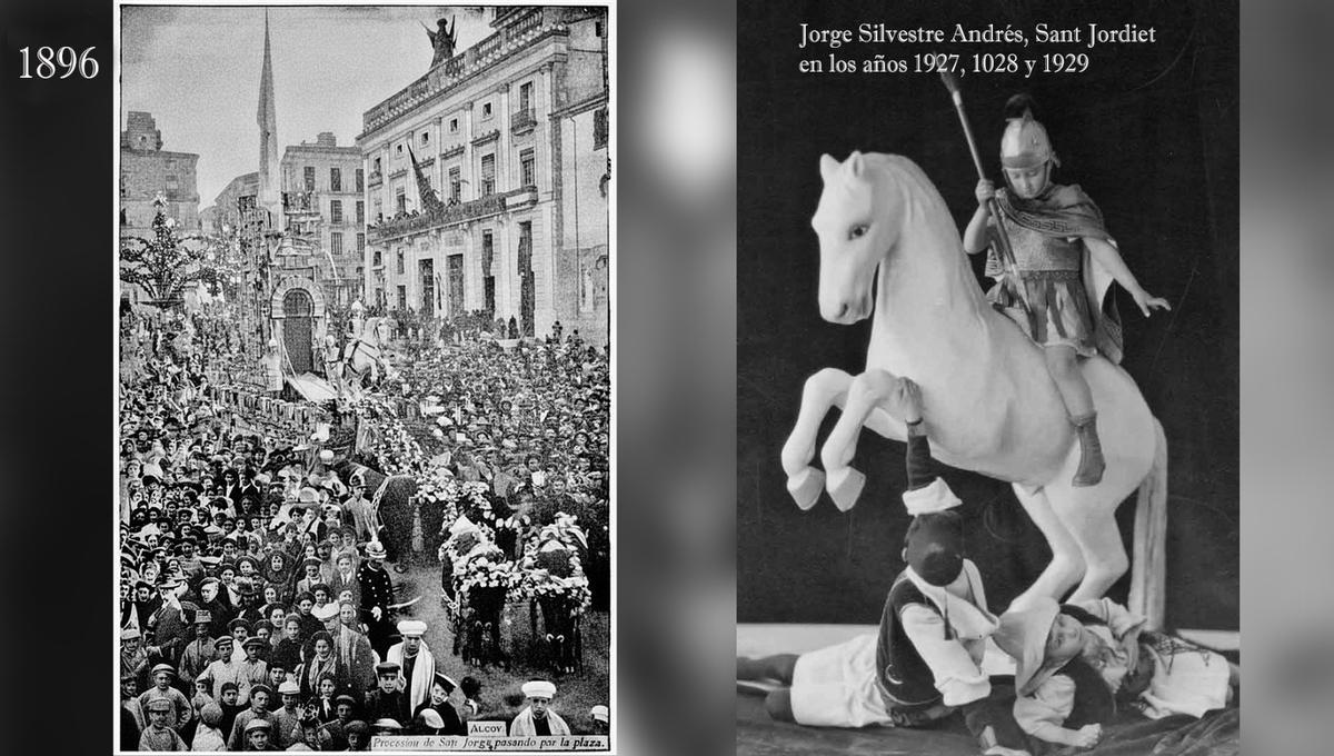 A la izquierda. Alcoy diurante las fiestas en 1886. A la derecha, el Sant Jordiet en los años 1927, 1928 y 1929