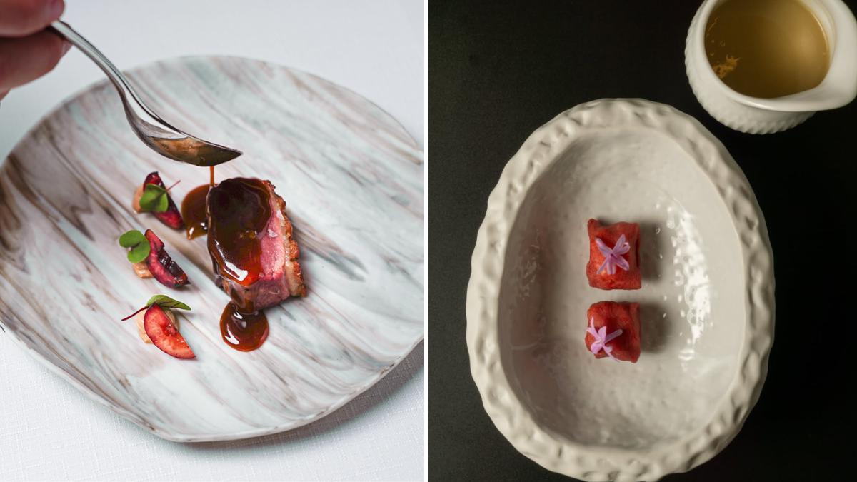 Pato madurado con foie y cerezas en Dromo y bacalao a la importancia en Tupío.