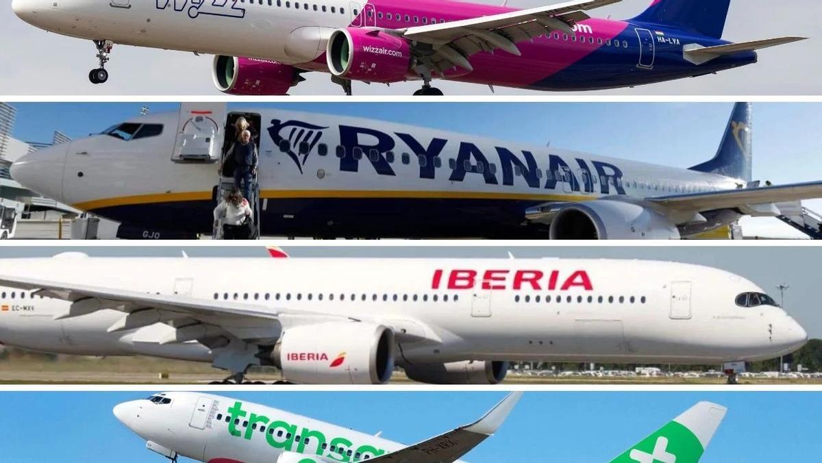 Montaje con aviones de Wizz Air, Ryanair, Iberia y Transavia, las compañías denunciadas por Facua.