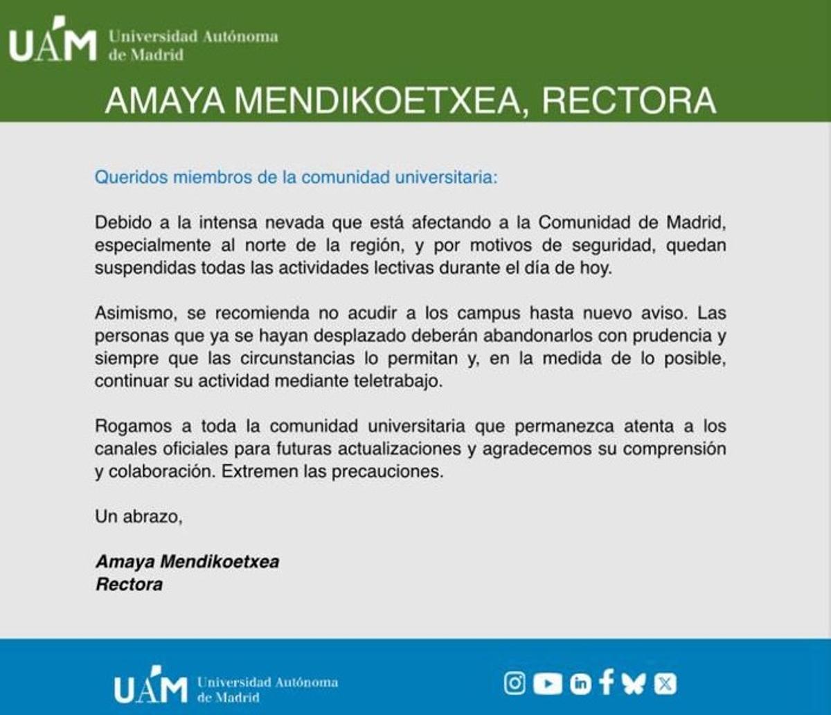 Aviso por correo del rectorado de la UAM esta mañana