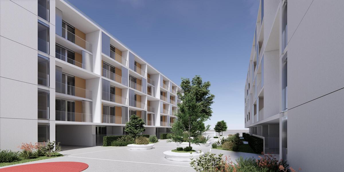 Recreación del edificio en construcción de 194 viviendas en el barrio de Valdespartera.