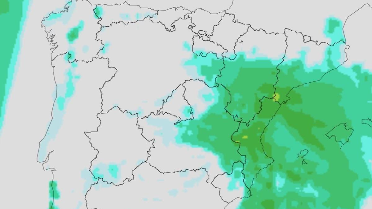 Cantidad de lluvia acumulada en seis horas en la Comunitat Valenciana prevista para el jueves.