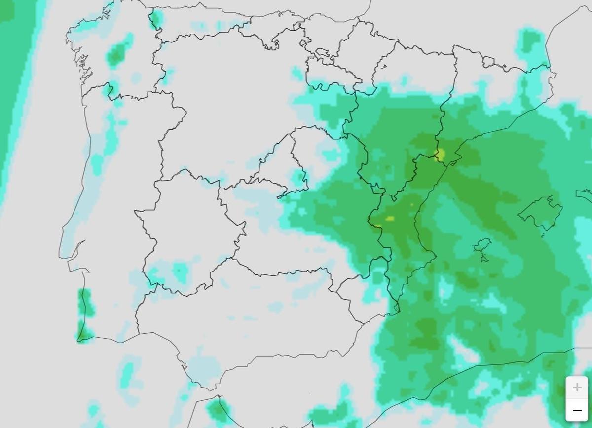 Cantidad de lluvia acumulada en seis horas en la Comunitat Valenciana prevista para el jueves.