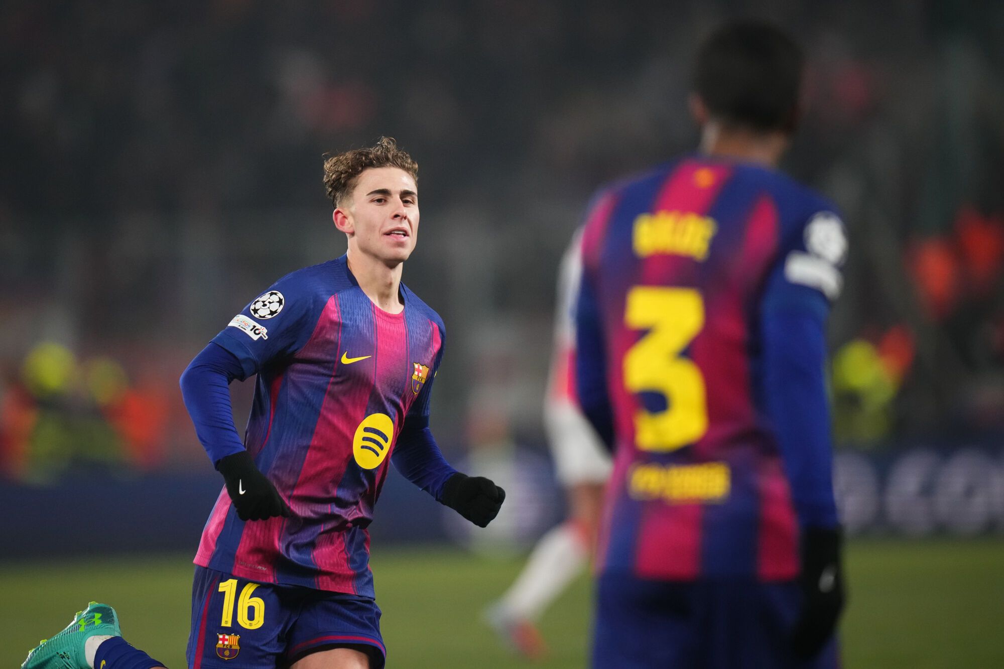 Barcelona's Fermin Lopez celebrates after scoring his side's second goal during the Champions League opening phase soccer match between Slavia Prague and Barcelona in Prague, Czech Republic, Wednesday, Jan. 21, 2026. (AP Photo/Petr David Josek)