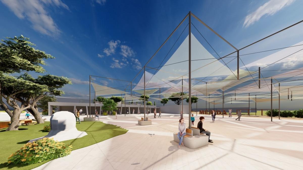 Zona de sombra proyectada en la plaza Margarita Xirgu de Mérida.