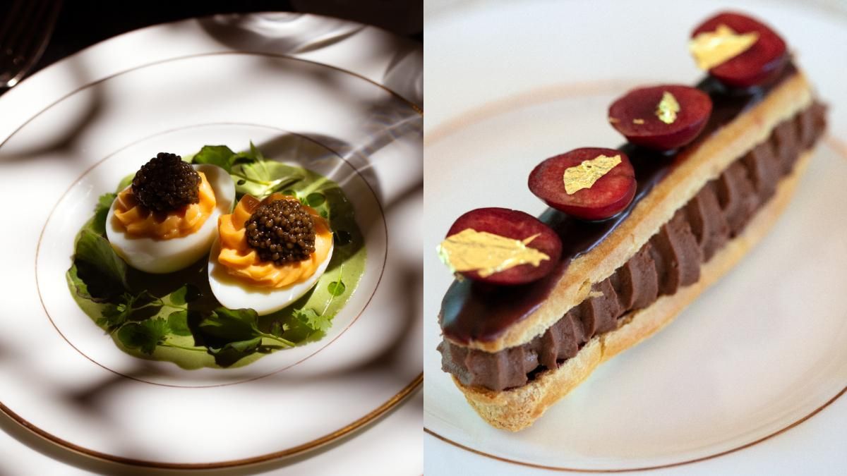 Huevos mimosa Santo Mauro con caviar y Éclair de cerezas y chocolate.