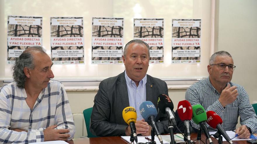 El presidente de Asaja, Donancio Dujo, en el centro, junto al coordinador regional de UCCL, Jesús Manuel González, izquierda, y Lorenzo Silva, de UPA-COAG, durante la rueda de prensa de ayer. | Rubén Cacho - Ical