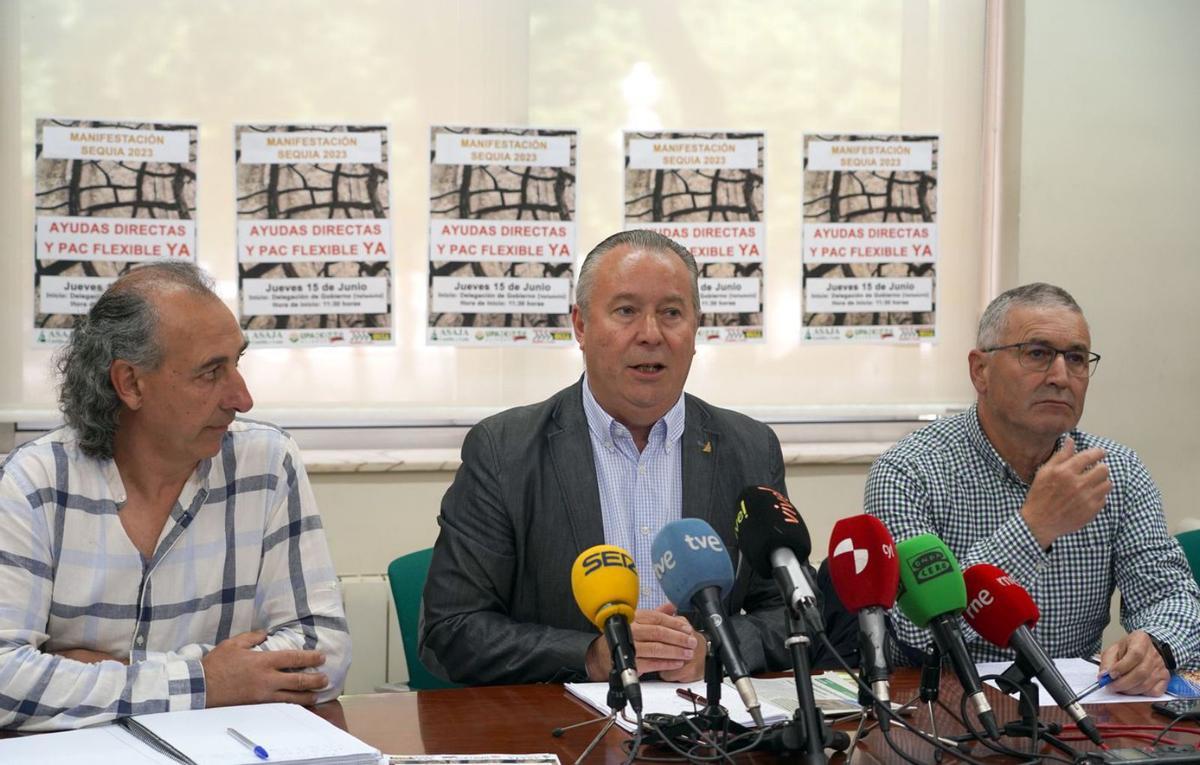 El presidente de Asaja, Donancio Dujo, en el centro, junto al coordinador regional de UCCL, Jesús Manuel González, izquierda, y Lorenzo Silva, de UPA-COAG, durante la rueda de prensa de ayer. | Rubén Cacho - Ical