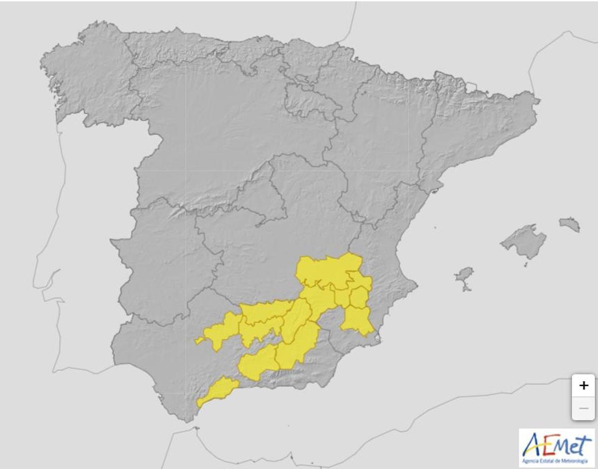 Mapa de alertas meteorológicas por temperaturas máximas de la AEMET para este martes 16 de julio de 2024