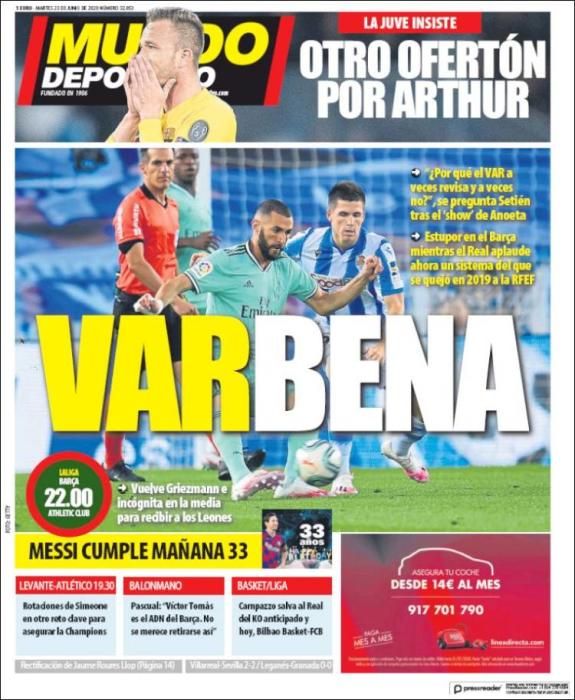 Portada MUNDO DEPORTIVO martes 23 junio 2020