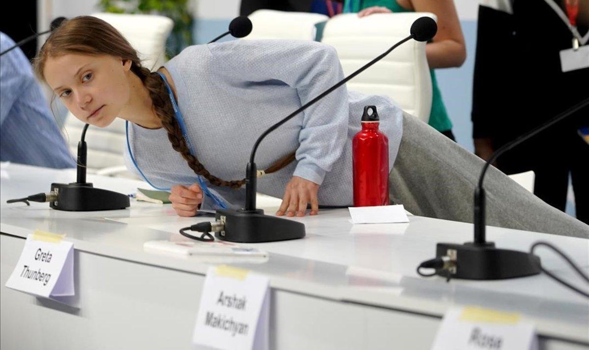 Greta Thunberg, antes de empezar la rueda de prensa en la Cumbre del Clima de Madrid.