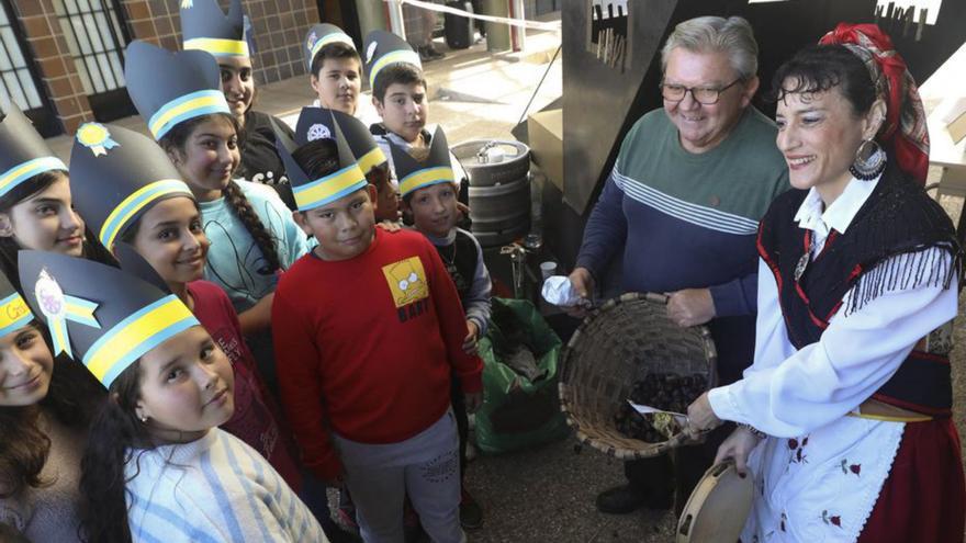 Alumnos del colegio Maestro Jaime Borrás recogen las castañas asadas por Guillermo Pelayo. | Luisma Murias