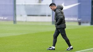 Xavi, durante el entrenamiento de hoy