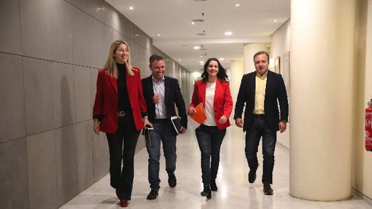 El diputado malagueño Guillermo Díaz e Inés Arrimadas, en el centro, acompañados por María Muñoz y Joan Mesquida en los pasillos del Congreso de los Diputados.