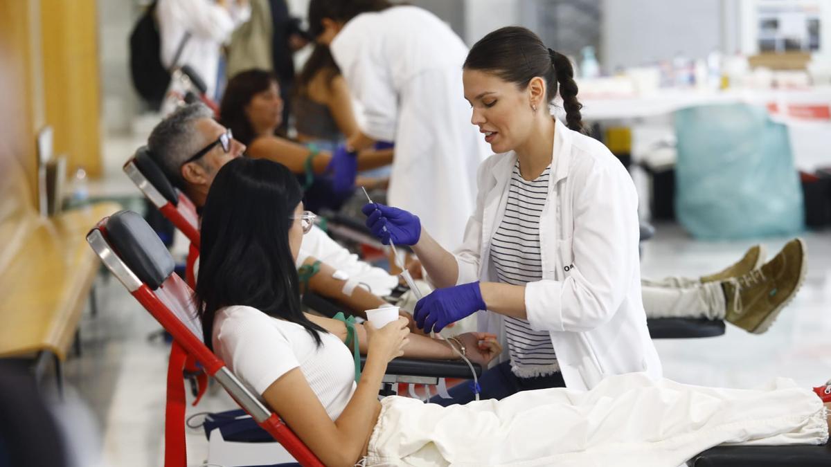 Una enfermera  saca sangre a una joven, esta mañana, en la Facultad de Ciencias de la Universidad de Zaragoza.
