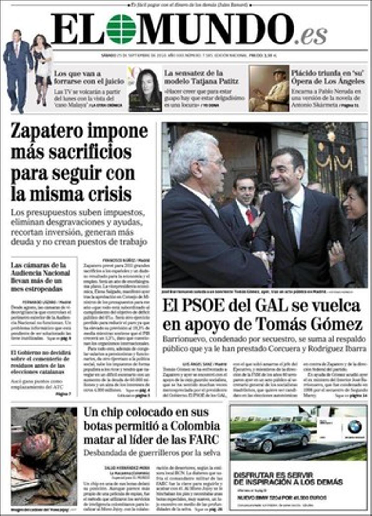 Portada d’’El Mundo’ del 25 de setembre del 2010.