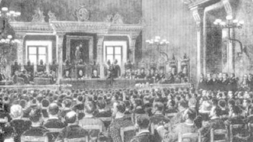 Dibuix de l´assemblea celebrada a l´ajuntament de Manresa l´any 1892