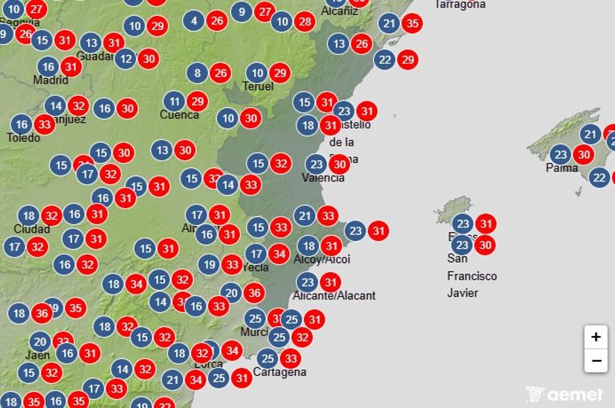 Máximas y mínimas previstas para el domingo en la Comunitat Valenciana.