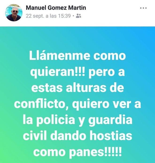 Captura de pantalla del ’post’ en Facebook del portavoz del PP en Gibraleón (Huelva) llamando a la Policía y la Guardia Civil a dar hostias como panes.